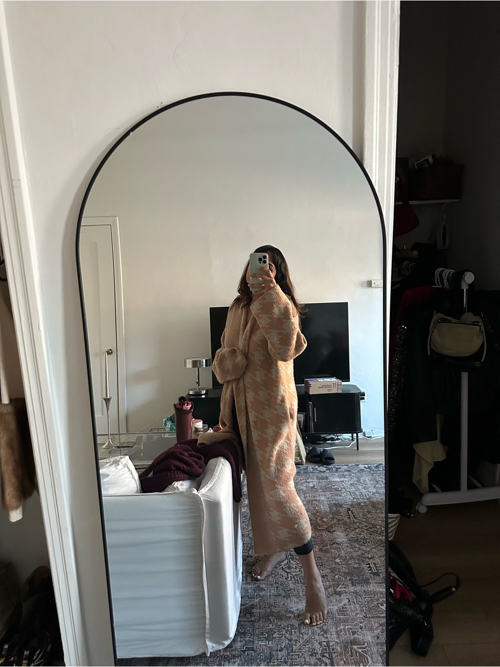 Target Women's Long Knit Cardigan - Cream and Tan Houndstooth